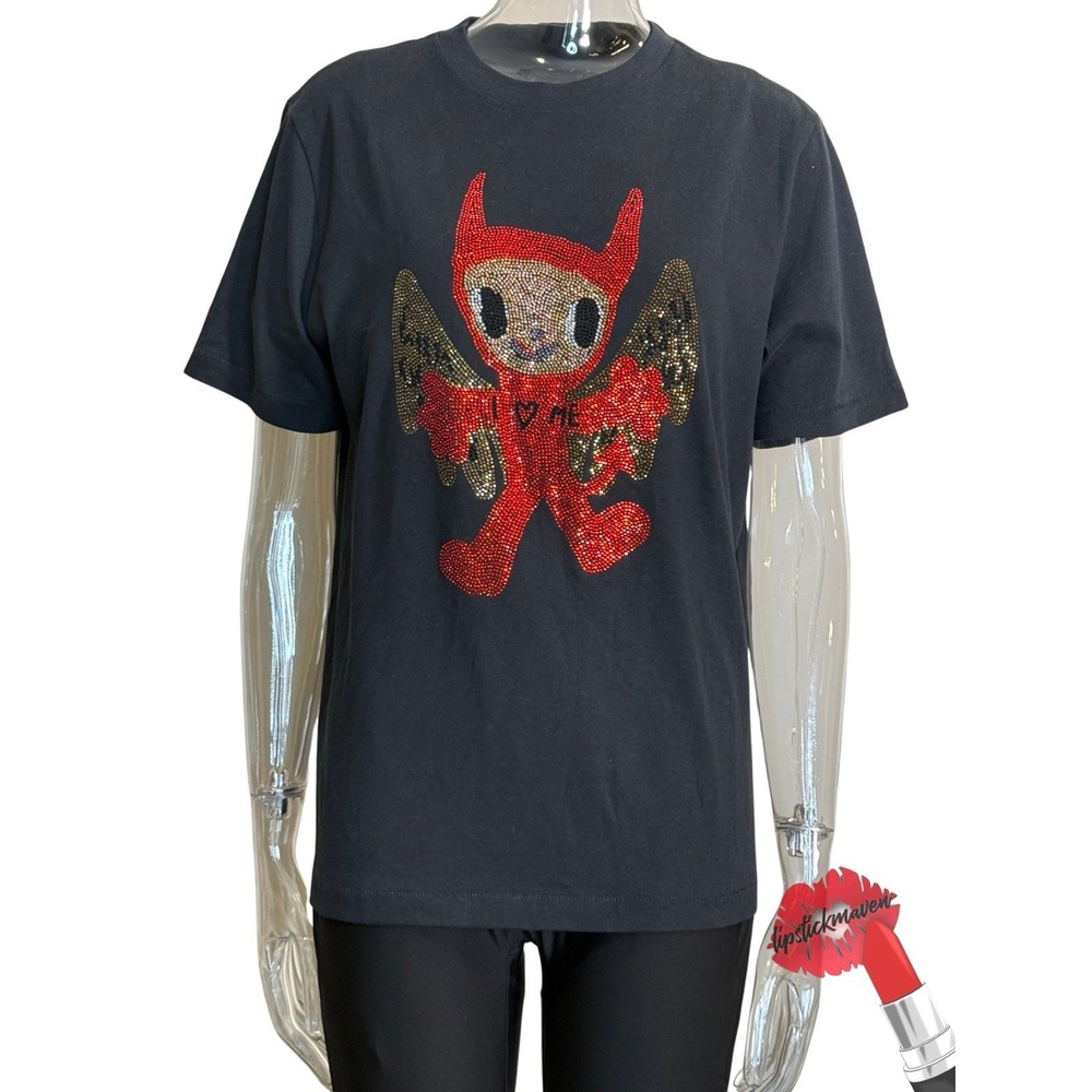 Zadig & Voltaire T Shirt Womens Med Black Rhinestones Bling Edwin Devil Diamonte
